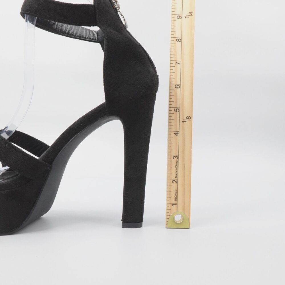Black Chunky Platform Heels Faux Suede Ankle Strap Whimsigoth Retro Prom hoco - Picture 11 of 16